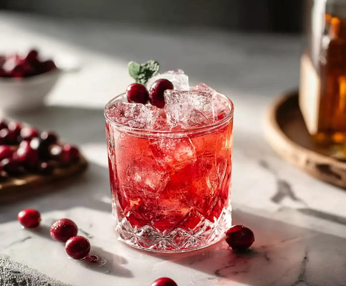 Refreshing Cranberry Bourbon Smash cocktail garnished with fresh cranberries and mint for a festive drink.
