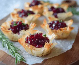 Cranberry Brie Phyllo Cups served on a white plate, showcasing golden flaky pastry filled with creamy brie and vibrant cranberries.
