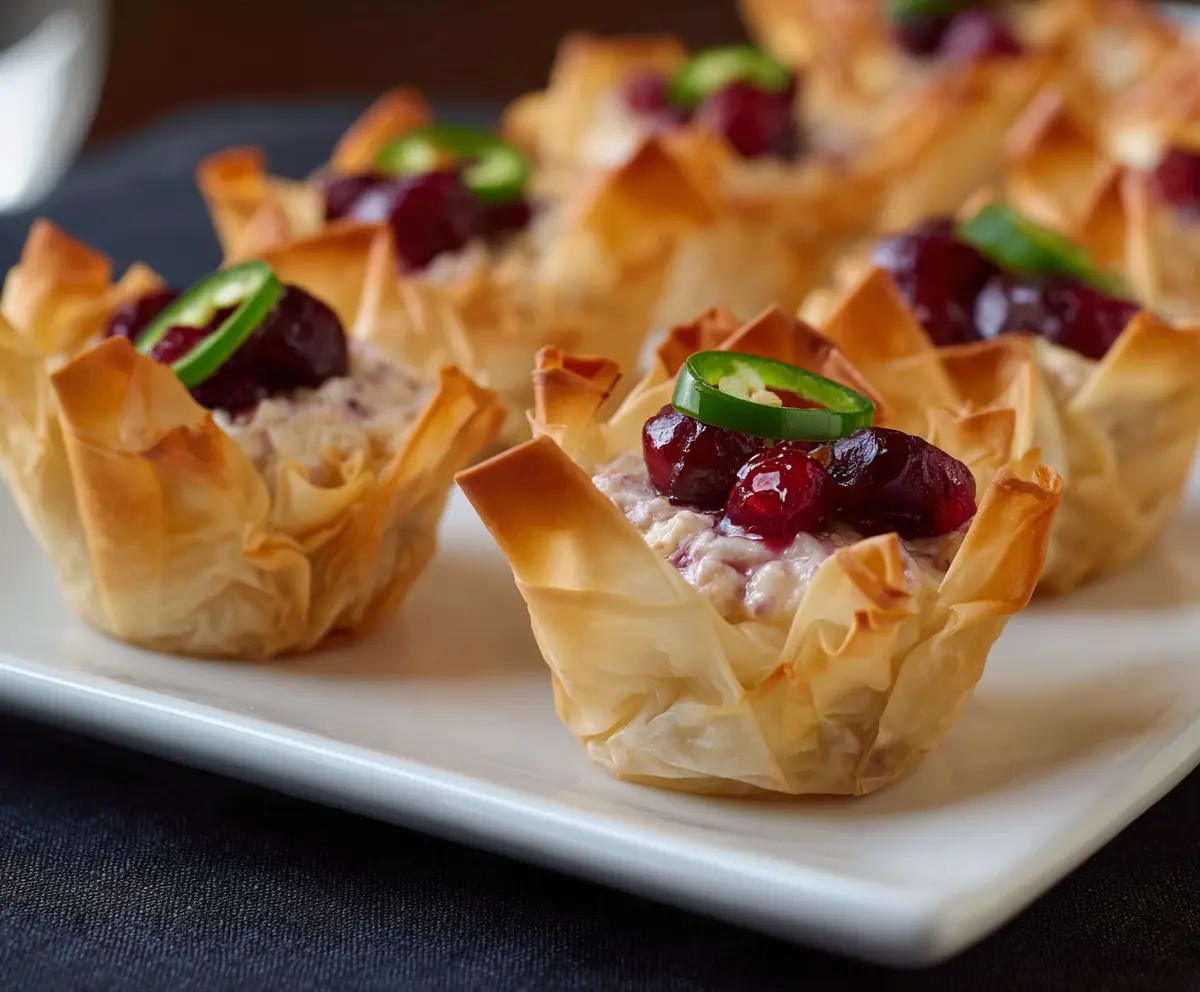 Cranberry Jalapeno Phyllo Cups served as a festive appetizer with vibrant red cranberries and spicy jalapenos.