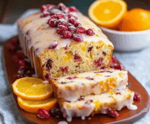 Freshly baked cranberry orange bread with vibrant cranberries and zesty orange zest on a rustic wooden table.