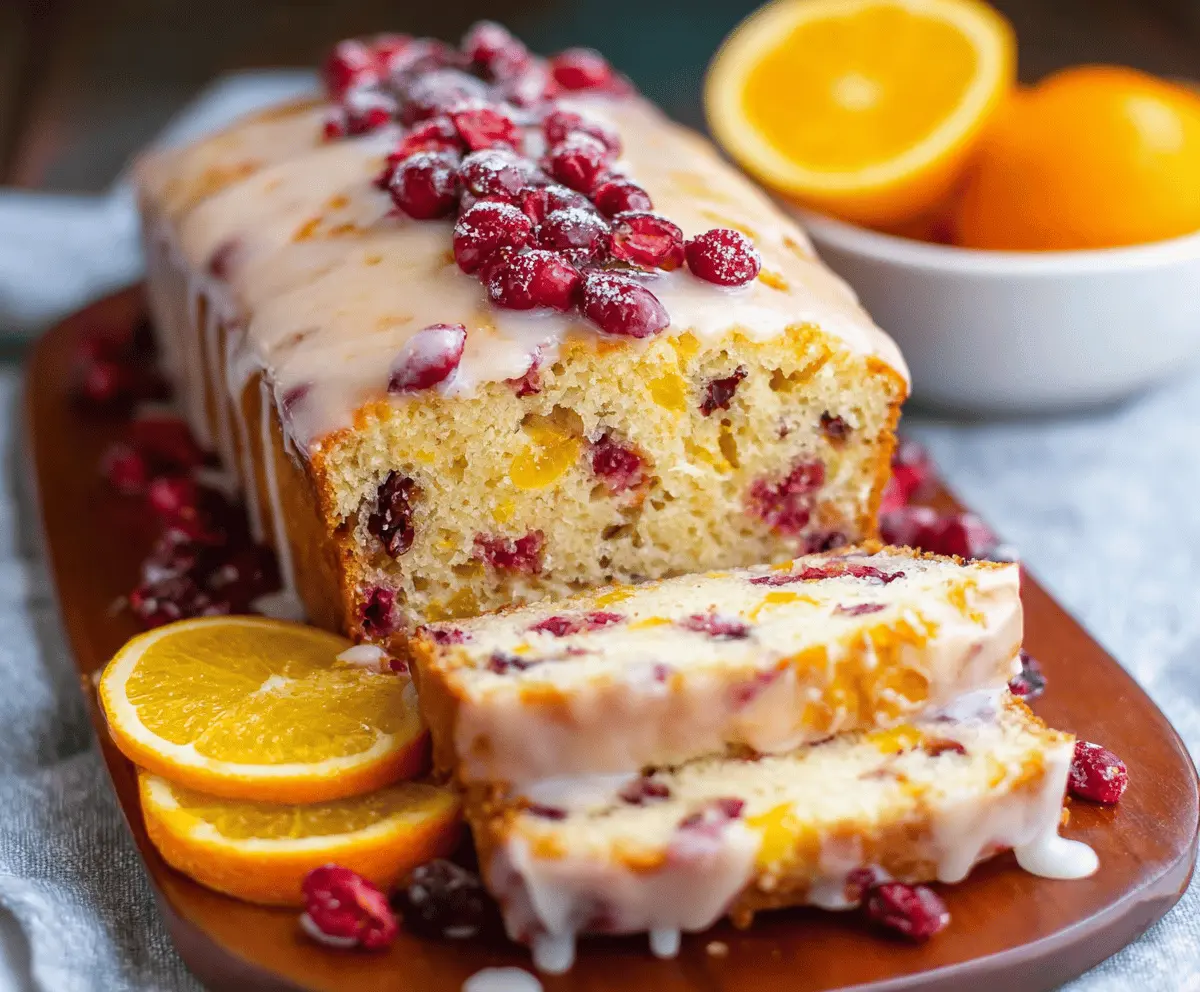 Freshly baked cranberry orange bread with vibrant cranberries and zesty orange zest on a rustic wooden table.
