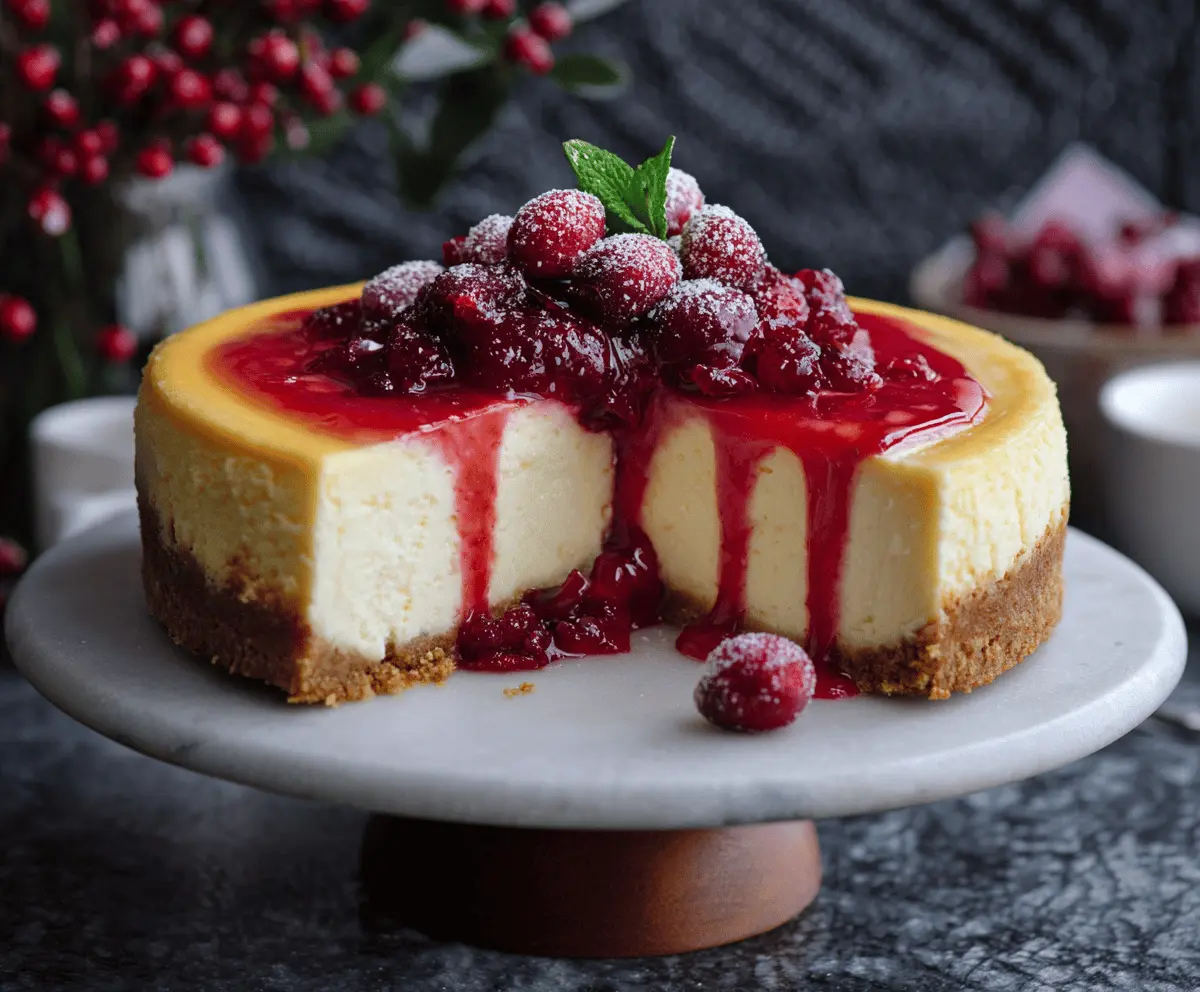 Delicious cranberry orange cheesecake topped with fresh cranberries and orange zest.