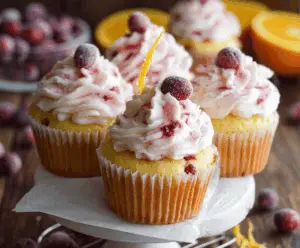Delicious cranberry orange cupcakes with vibrant orange zest and fresh cranberries on top.