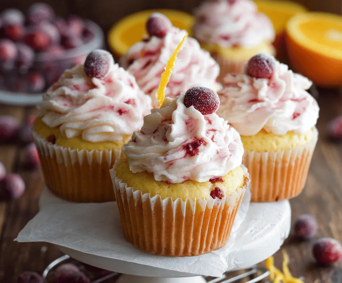 Delicious cranberry orange cupcakes with vibrant orange zest and fresh cranberries on top.