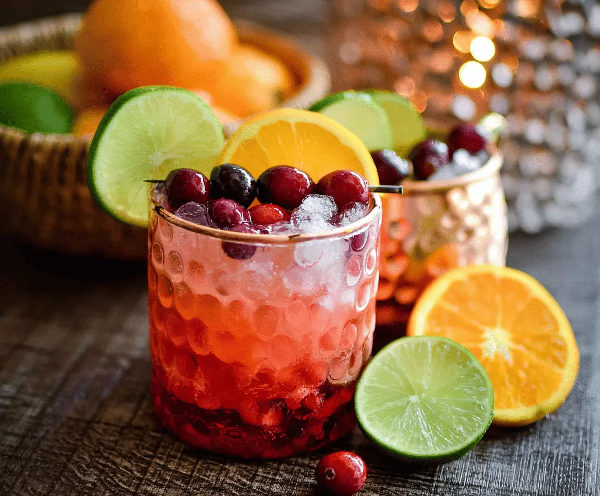 Refreshing Cranberry Orange Moscow Mule served in a copper mug with fresh cranberries and orange slices.