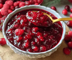 Delicious homemade cranberry raspberry sauce in a glass bowl for festive desserts and holiday meals.