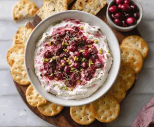 Creamy cranberry whipped feta dip garnished with fresh herbs for a festive appetizer.