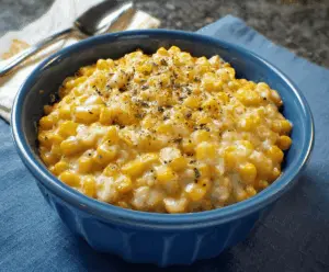Delicious creamy corn dish with a rich, smooth texture served in a bowl.