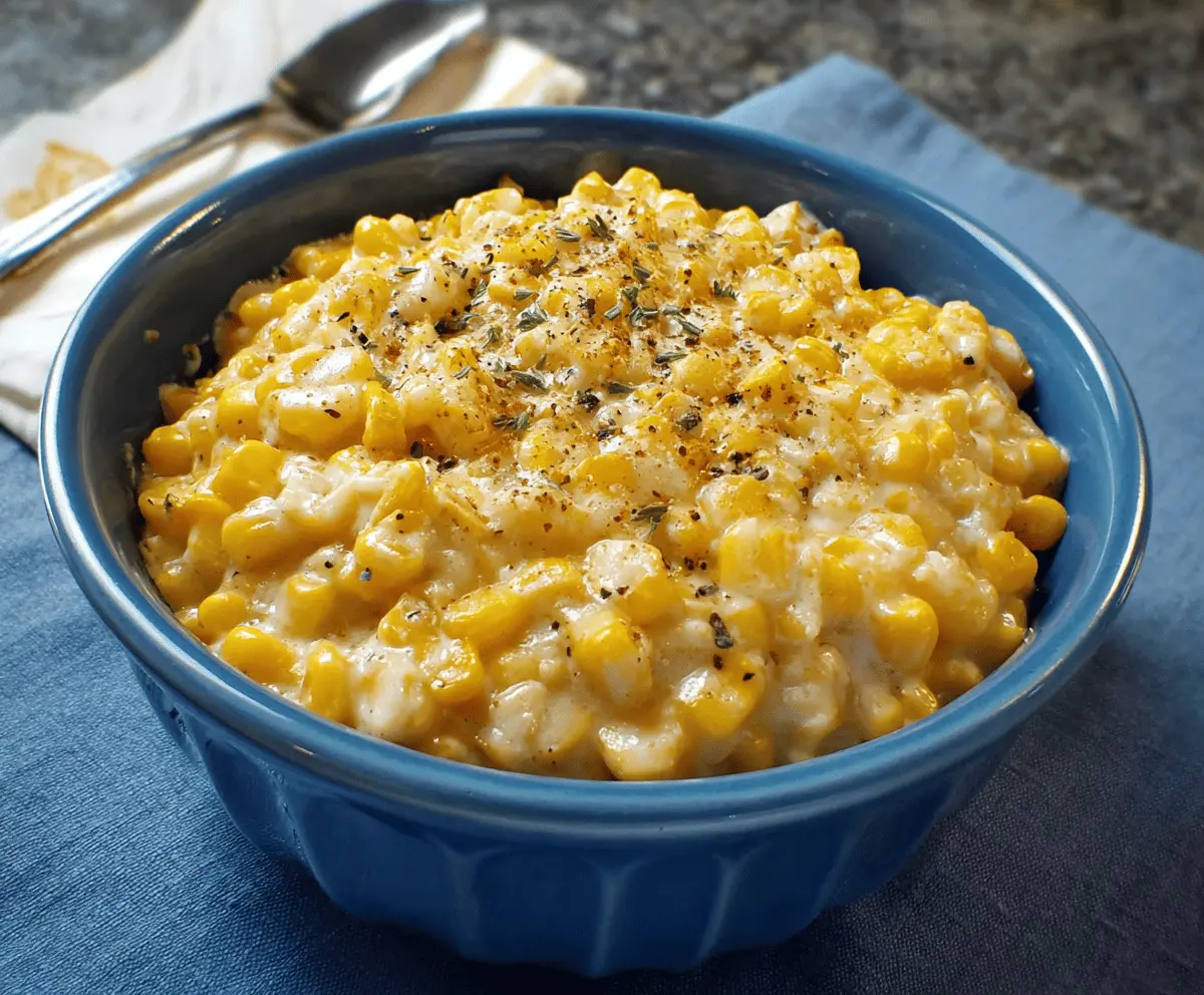 Delicious creamy corn dish with a rich, smooth texture served in a bowl.