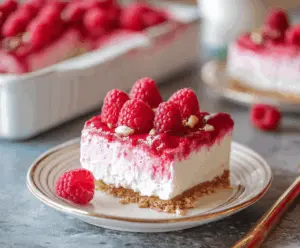 Delicious creamy raspberry pretzel dessert with a golden crust and fresh raspberry topping.
