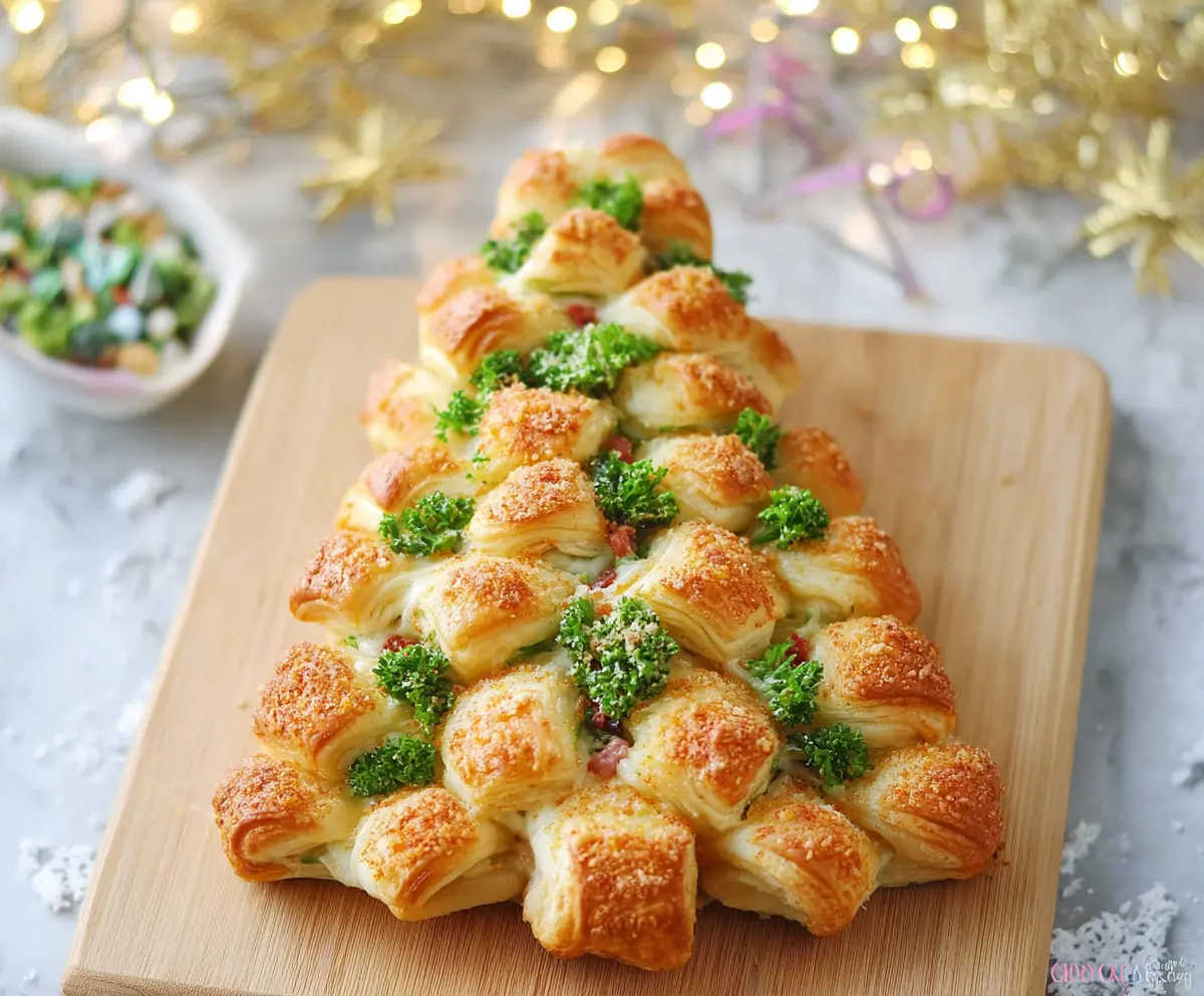 Festive Crescent Roll Christmas Tree decorated with colorful toppings for holiday celebration