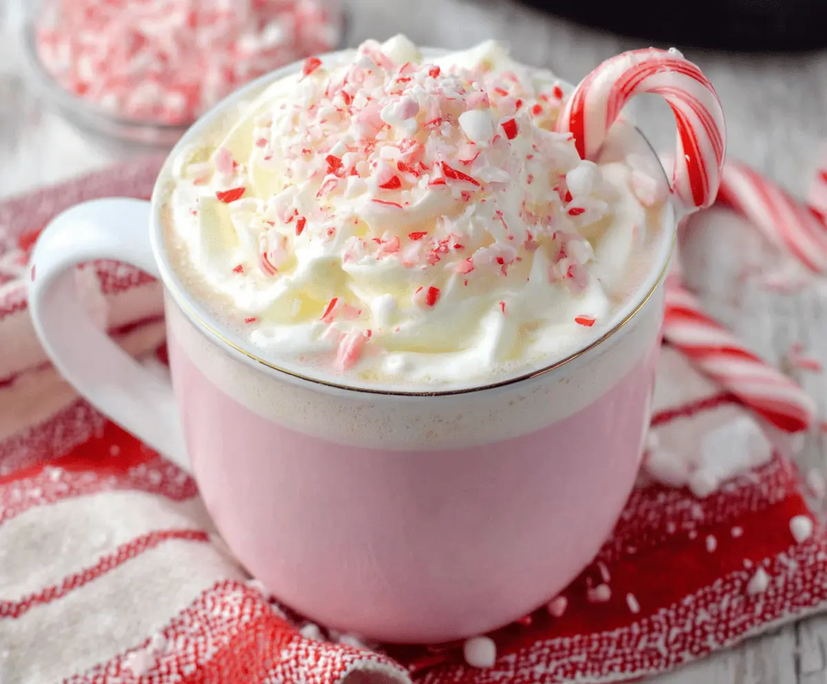 Creamy Crockpot Candy Cane White Hot Chocolate topped with whipped cream and festive candy canes.