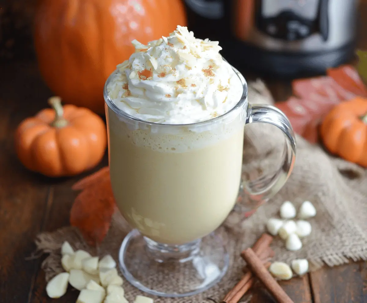 Creamy Crockpot Pumpkin Pie White Hot Chocolate in a mug with whipped cream and cinnamon topping.