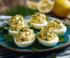 Delicious feta deviled eggs garnished with herbs on a white plate for a perfect appetizer.