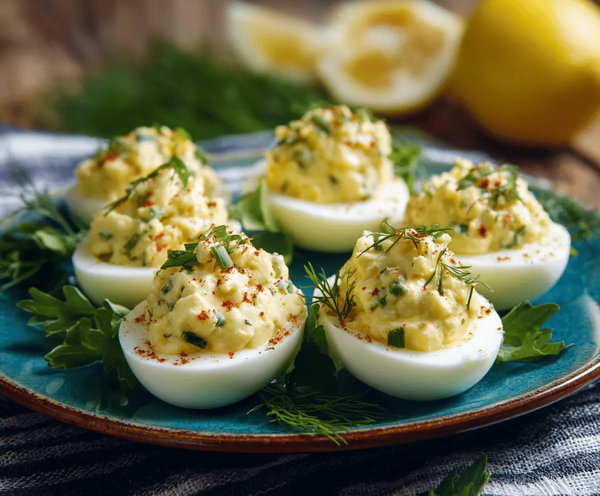Delicious feta deviled eggs garnished with herbs on a white plate for a perfect appetizer.