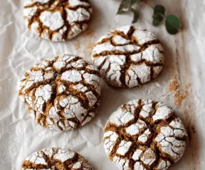 Delicious gingerbread crinkle cookies with powdered sugar coating, perfect for the holidays.
