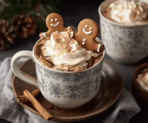 Warm gingerbread hot chocolate in a mug with whipped cream and a cinnamon stick, perfect for winter cozy nights.