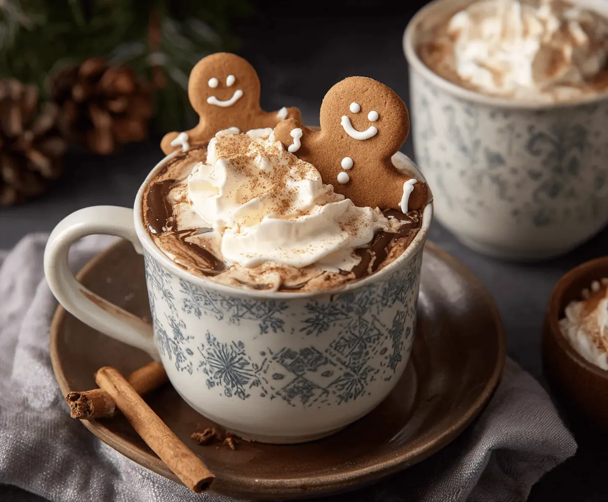 Warm gingerbread hot chocolate in a mug with whipped cream and a cinnamon stick, perfect for winter cozy nights.