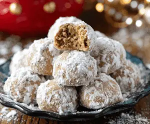 Delicious gingerbread snowball cookies dusted with powdered sugar, perfect for holiday treats.