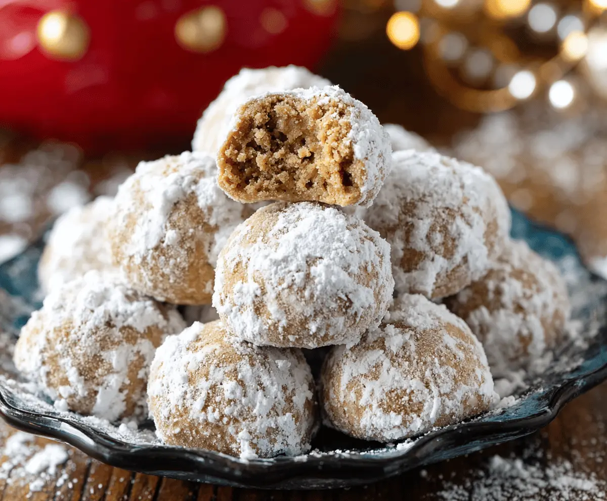 Delicious gingerbread snowball cookies dusted with powdered sugar, perfect for holiday treats.