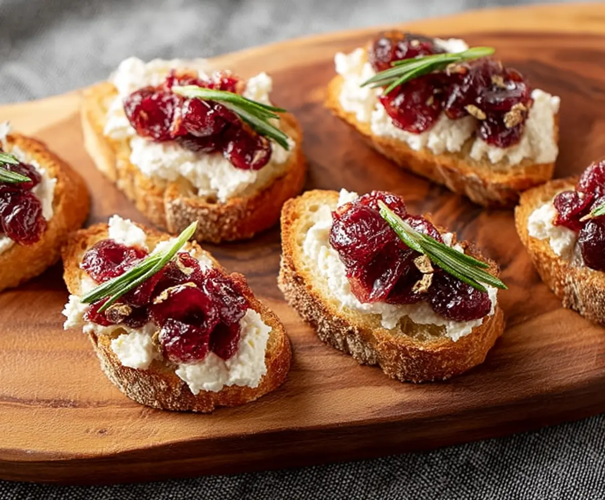 Delicious goat cheese and cranberry crostini on a wooden serving board, garnished with fresh herbs.