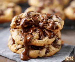 Delicious gooey chocolate chip cookies fresh out of the oven with melted chocolate.