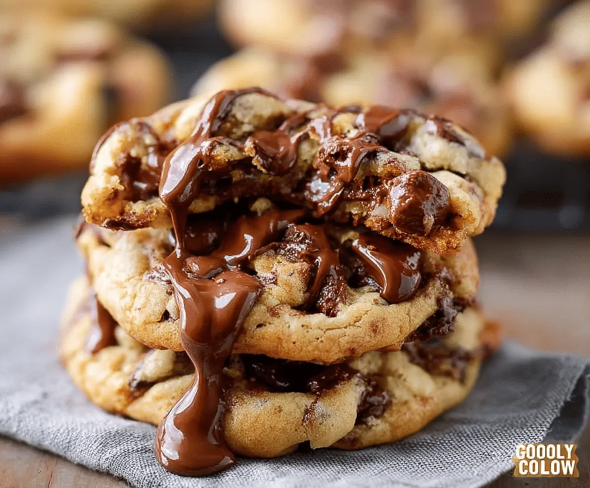 Delicious gooey chocolate chip cookies fresh out of the oven with melted chocolate.