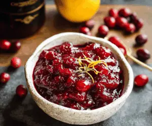 Close-up of Grand Marnier Cranberry Sauce served in a white bowl with fresh cranberries and orange slices.