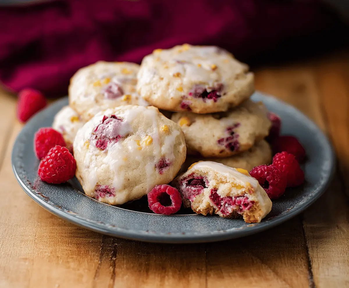 Delicious Greek yogurt raspberry cookies on a plate, showcasing a fresh and healthy dessert option.