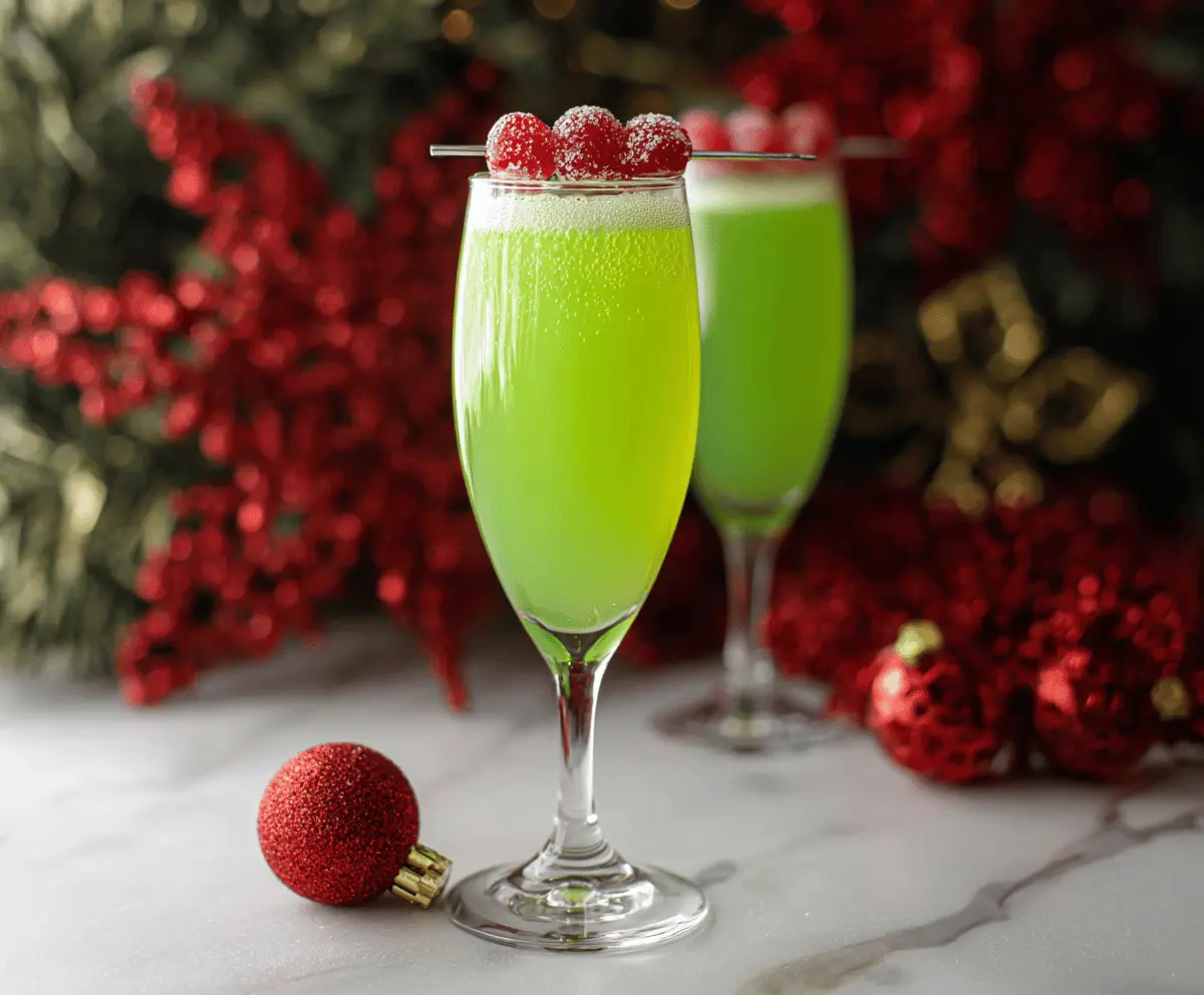 Festive Grinch Mimosa cocktail with green color and holiday garnishes on a decorated table