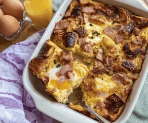 Delicious Ham Breakfast Casserole with melted cheese and fresh herbs ready to serve.