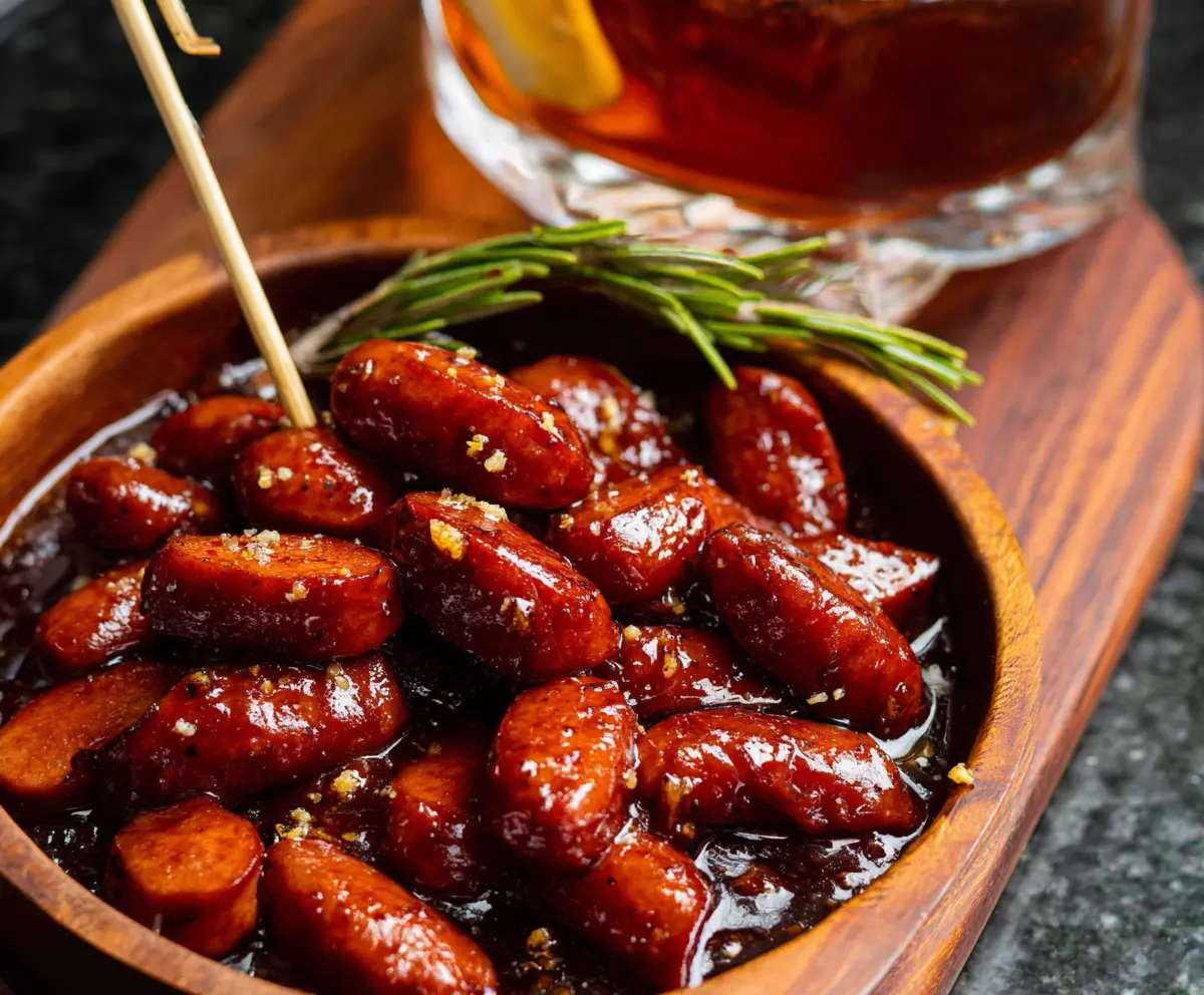 Delicious Honey Garlic Cocktail Smokies served on a platter, perfect for parties and gatherings.