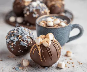 Delicious hot chocolate bombs melting in a cup, rich and creamy winter beverage.