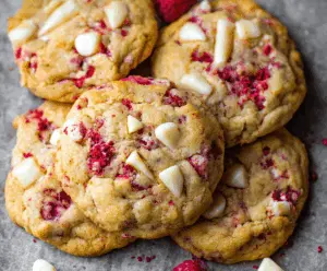 Delicious Jumbo Raspberry White Chocolate Cookies with fresh raspberries and melted white chocolate chunks.