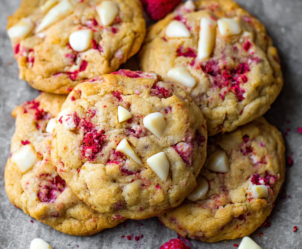 Delicious Jumbo Raspberry White Chocolate Cookies with fresh raspberries and melted white chocolate chunks.