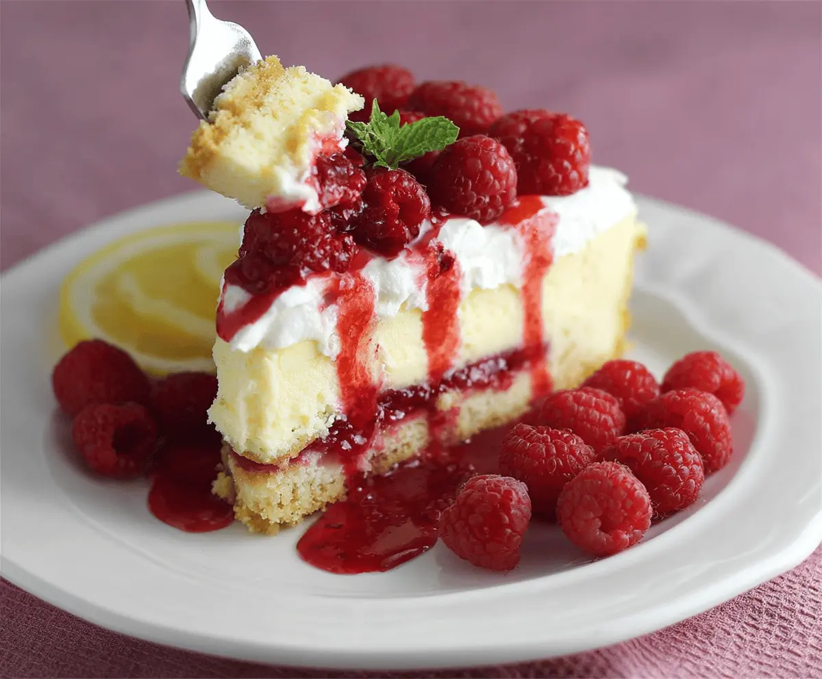 Delicious lemon raspberry cheesecake with a creamy texture and vibrant berry topping.