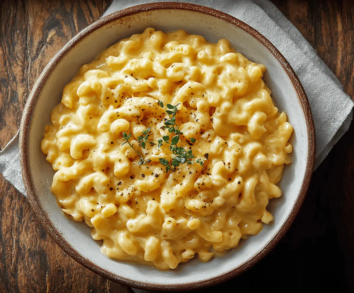 Creamy homemade mac and cheese served in a bowl with melted cheese on top.