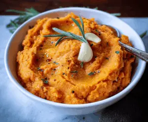 Creamy mashed sweet potato with garlic garnish, perfect for healthy side dishes