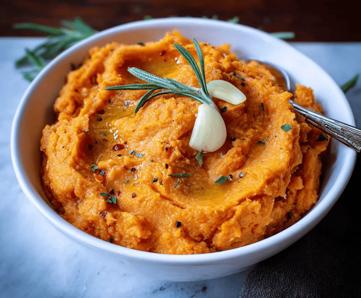 Creamy mashed sweet potato with garlic garnish, perfect for healthy side dishes