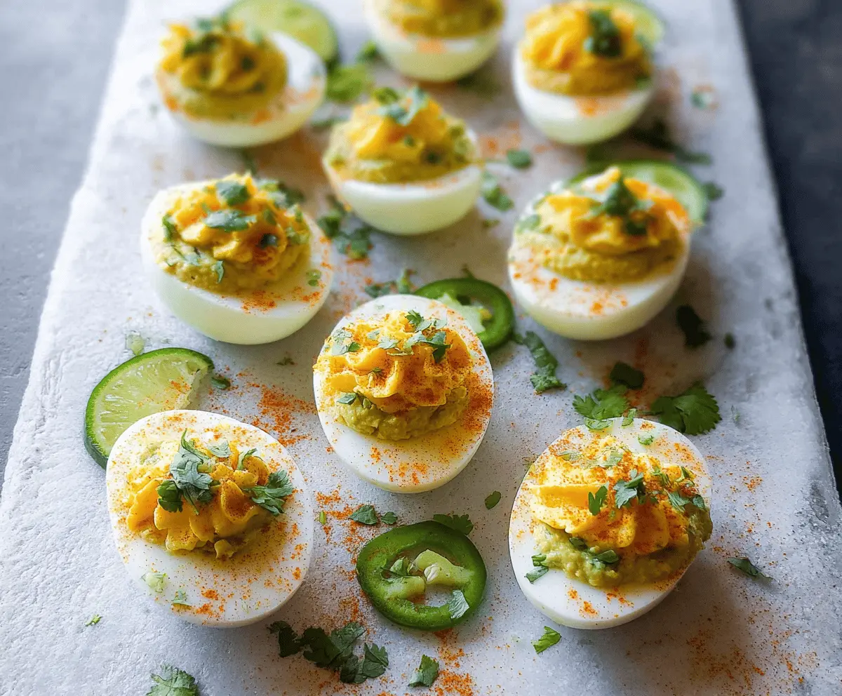 Delicious Mexican Deviled Eggs garnished with fresh herbs and chili powder, perfect for snacking or parties.