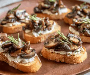 Delicious mushroom crostini with toasted baguette and fresh herbs.