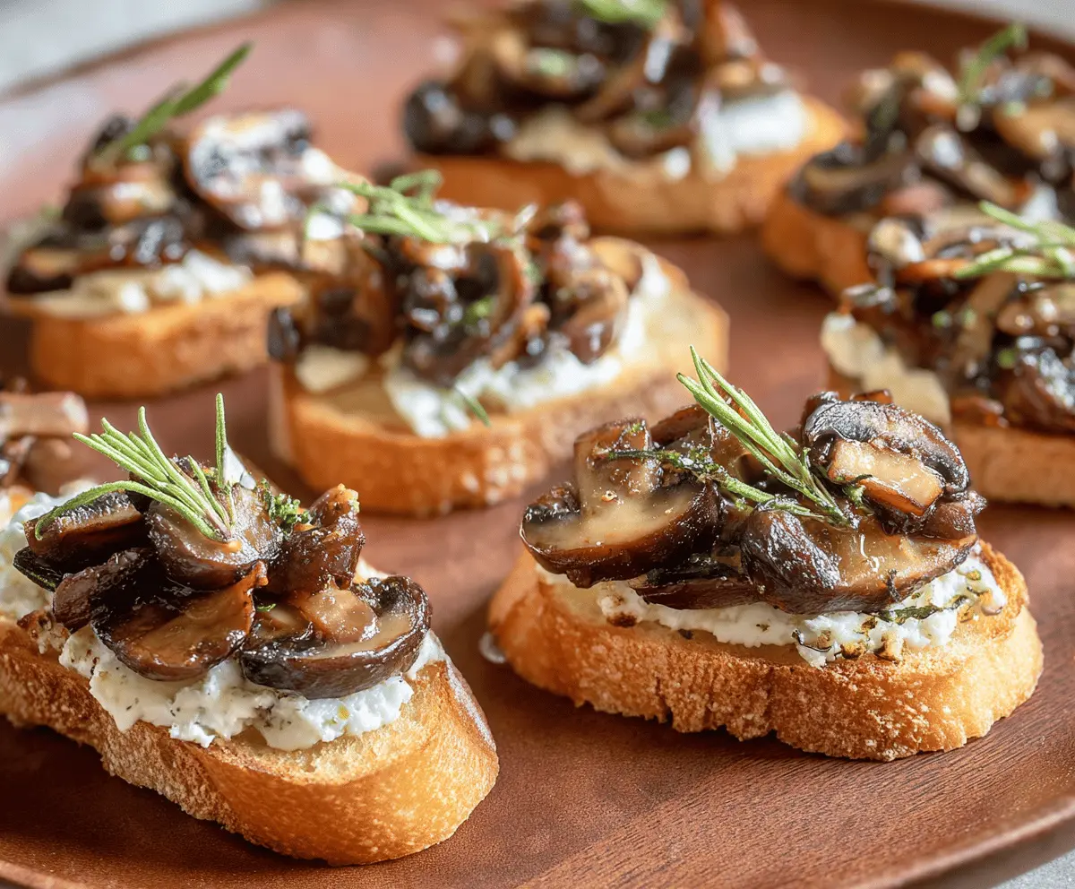 Delicious mushroom crostini with toasted baguette and fresh herbs.