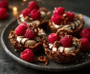 Delicious no-bake raspberry pretzel cups with fresh berries and creamy filling