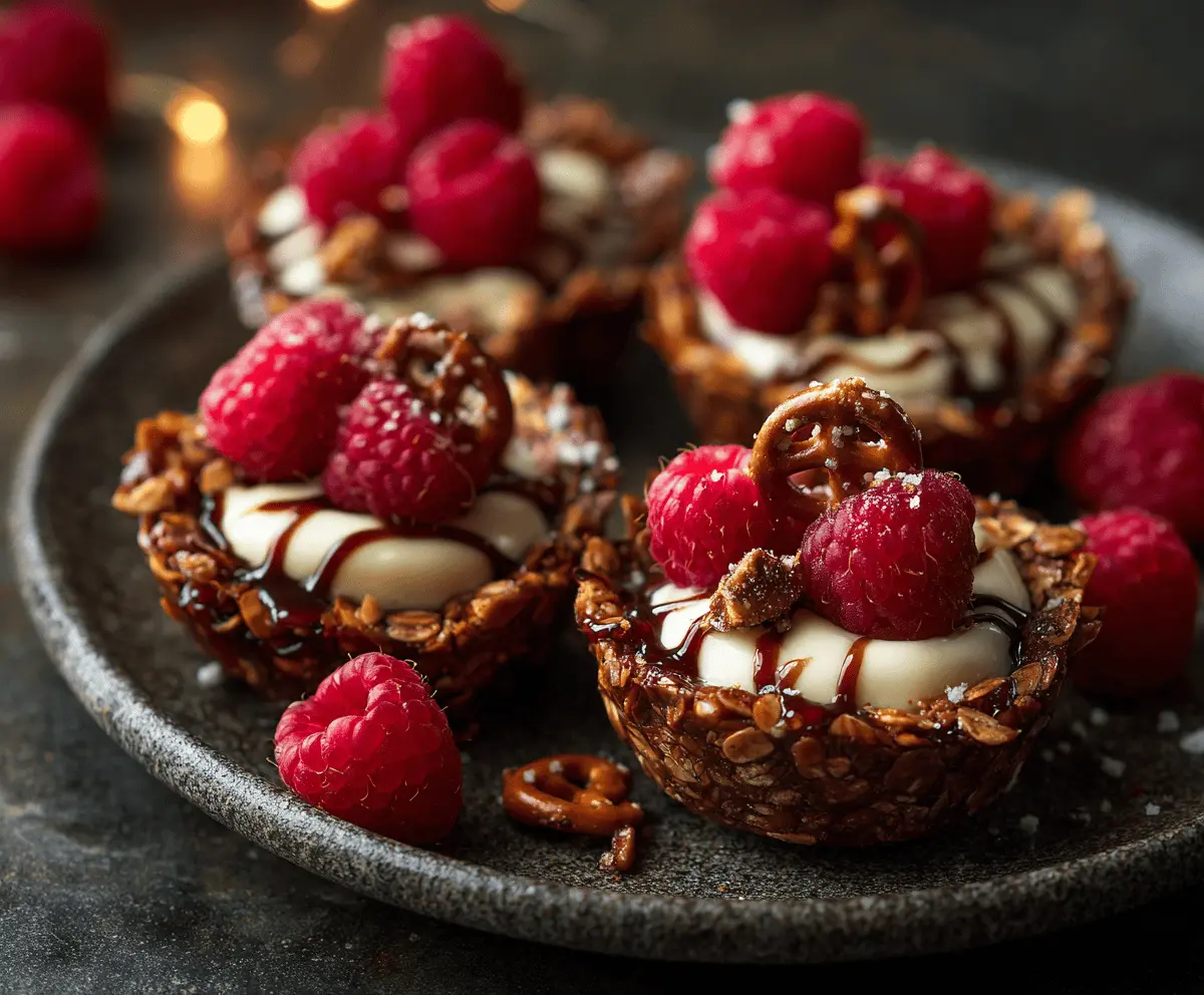 Delicious no-bake raspberry pretzel cups with fresh berries and creamy filling