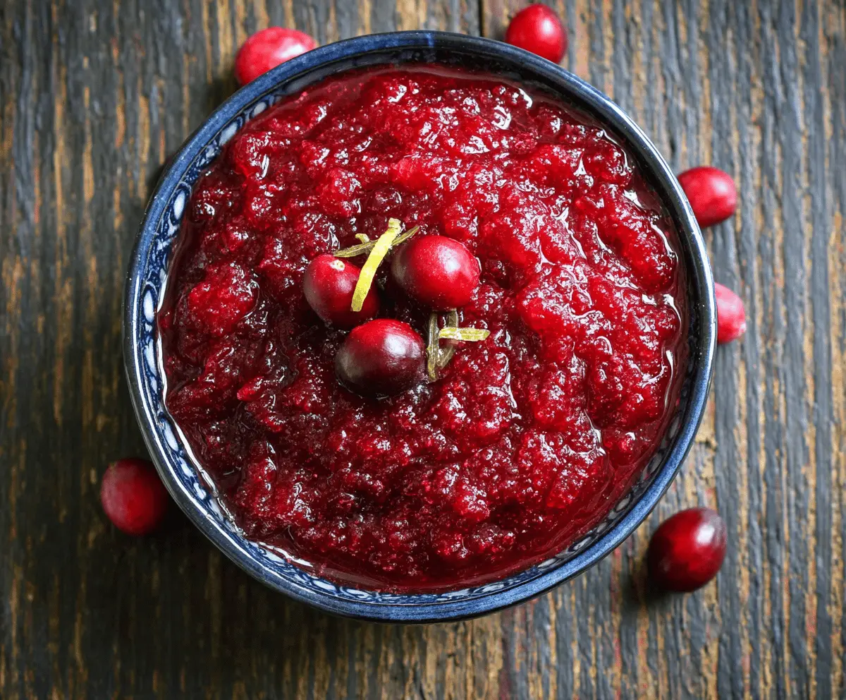 Delicious no cook cranberry sauce in a clear glass bowl, perfect for holiday meals.