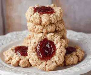 Delicious oatmeal raspberry jam thumbprint cookies on a plate, perfect for snacking or dessert.