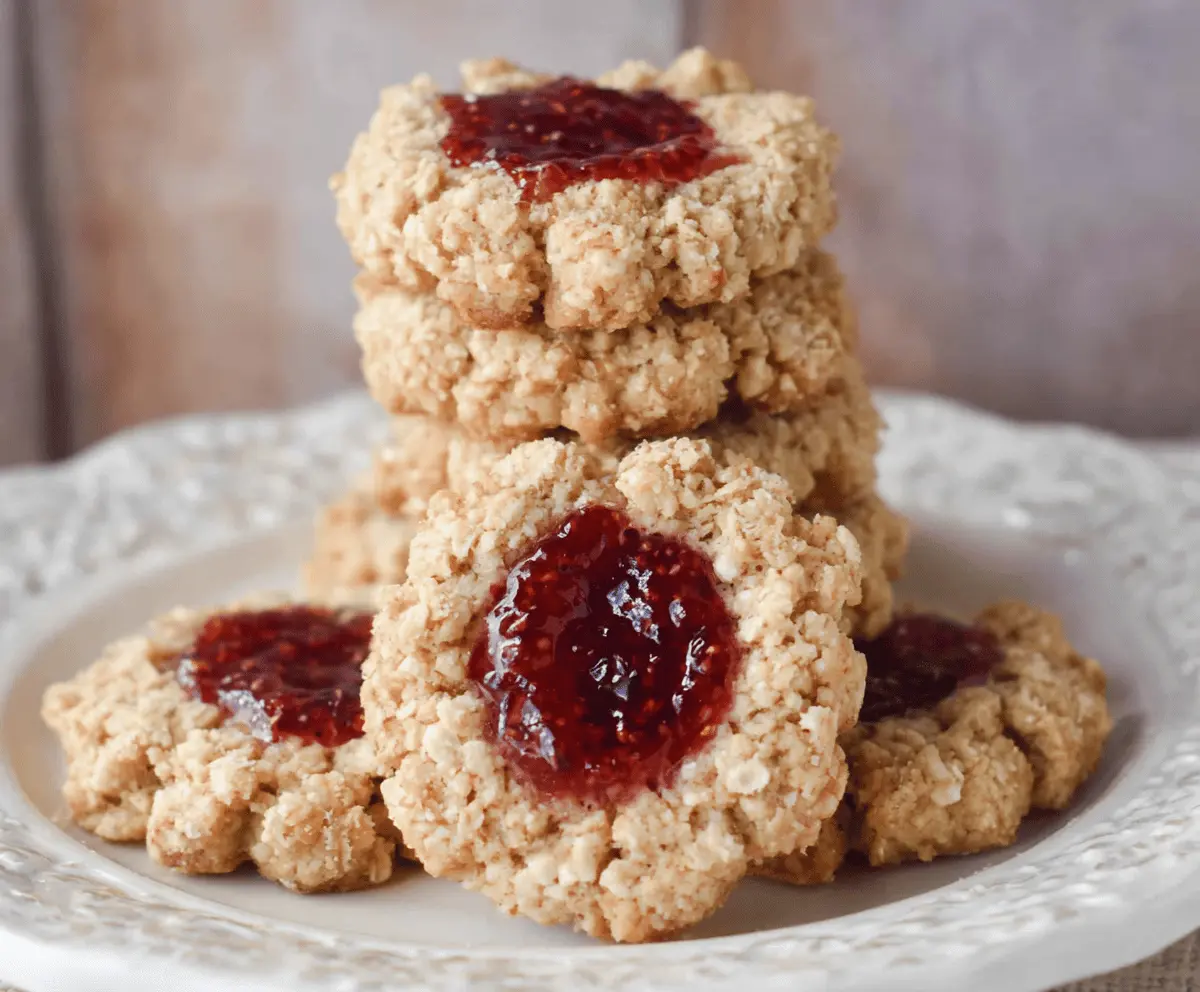 Delicious oatmeal raspberry jam thumbprint cookies on a plate, perfect for snacking or dessert.