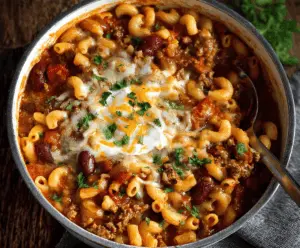 Delicious One Pot Chili Mac and Cheese served in a bowl, showcasing creamy cheese and spicy chili ingredients.