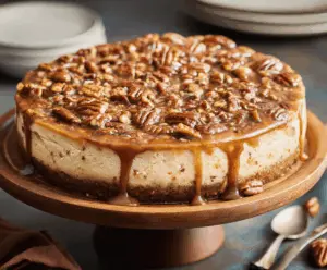 Delicious Pecan Pie Cheesecake topped with caramelized pecans and rich filling