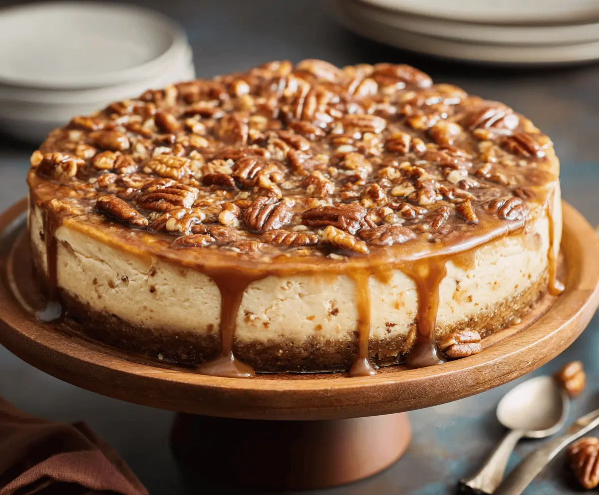 Delicious Pecan Pie Cheesecake topped with caramelized pecans and rich filling
